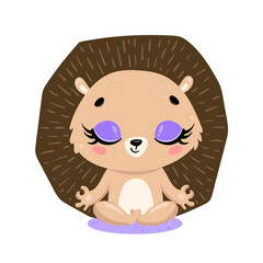 flat cute cartoon doodle hedgehog meditation. Forest animals meditate. Animals yoga