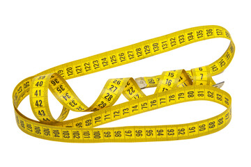 Spiral yellow tape measure isolated on the white background