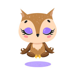 flat cute cartoon doodle owl meditation. Forest animals meditate. Animals yoga