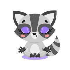 flat cute cartoon doodle raccoon meditation. Forest animals meditate. Animals yoga