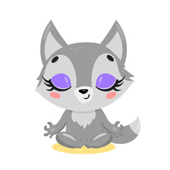 Vector flat cute cartoon doodle wolf meditation. Forest animals meditate. Animals yoga