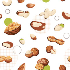 Fototapeta na wymiar Nuts and seeds pattern. Cartoon seamless texture of healthy walnut nutrition. Organic peanut and macadamia, pistachio and hazelnut mix. Geometric grid circle shapes. Vector background