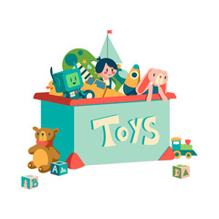 Toy box. Cartoon container with kids transport and plush animals. Doll or robot for infant play and education. Storage of children rocket or musical instrument. Vector orphanage gift box
