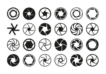 Camera aperture. Lens diaphragm photography icon. Focus or shutter circle logo. Digital film photographic equipment. Minimal black and white round sign. Vector photo studio symbols set