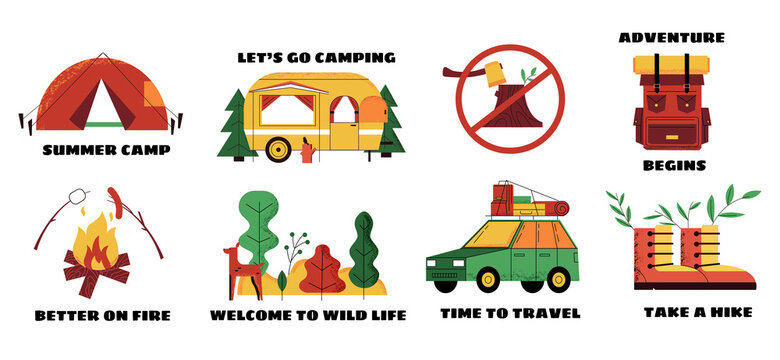 Camp adventure. Doodle emblems and logos with caravan and campfire, camping tent or backpack. Car for nature travel. Hiking boots. Tourist signs collection. Vector cartoon badges set