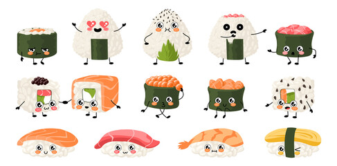 Kawaii sushi. Japanese rice food with cute manga style faces. Happy mascots of Asian dish with fish, seafood and sauces. Sashimi with shrimp or salmon. Vector onigiri characters set
