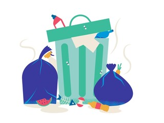 Unsorted trash. Cartoon metal container with garbage. Overflowing dumpster and rubbish bag. Piles of plastic and paper waste. Stinking dump. Littered dirty city. Vector illustration