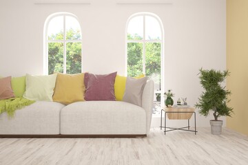 White living room with sofa and summer landscape in window. Scandinavian interior design. 3D illustration