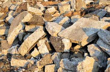 Concrete after crushing for recycling. Reuse crushed concrete rubble, asphalt, building material, blocks and construction waste