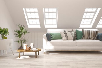 White living room with sofa. Scandinavian interior design. 3D illustration
