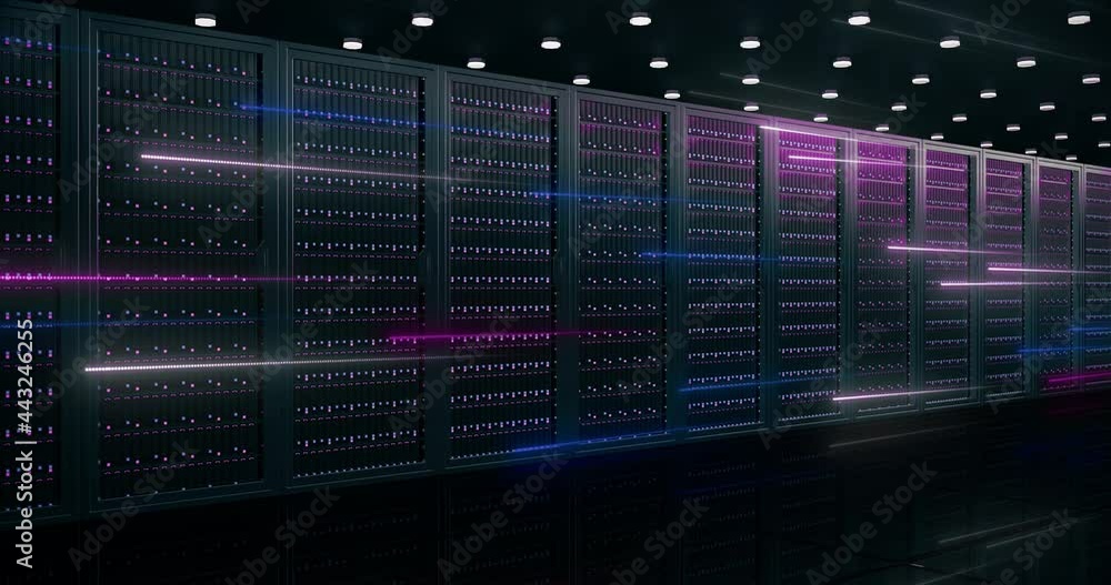 Poster digital information travels through fiber optic cables through the network and data servers behind g