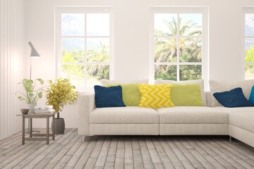 White living room with sofa and summer landscape in window. Scandinavian interior design. 3D illustration
