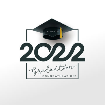 Class of 2022. Stylized inscription with the year and the realistic graduate's cap. Design for graduation themed template, simple style. Vector illustration. Isolated on white background.