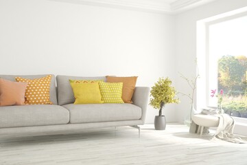 White living room with sofa. Scandinavian interior design. 3D illustration