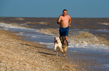 a man runs along the seashore with his dogs