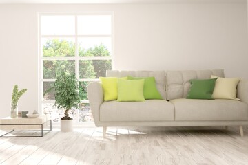 White living room with sofa and summer landscape in window. Scandinavian interior design. 3D illustration