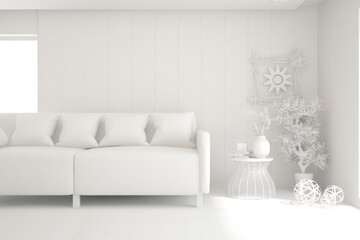 White minimalist living room with sofa. Scandinavian interior design. 3D illustration