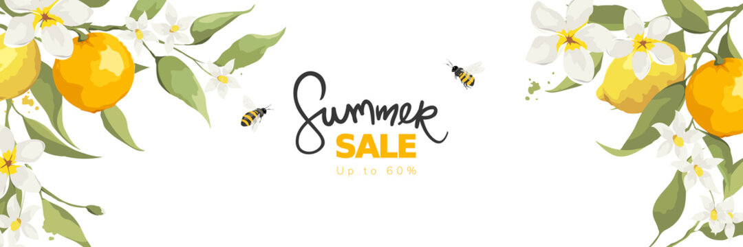 Banner with jasmine flowers, citrus branch and bees. Background, vector illustration for summer sale.