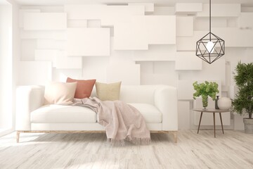 White living room with sofa. Scandinavian interior design. 3D illustration