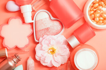 Various cosmetic care products in frosted bottles with dispensers and pipette. Beautiful clean bottles and jars for cream, essence, lotion