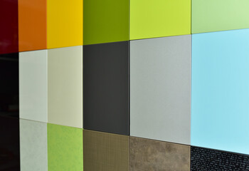 Colored samples of furniture fronts. Ceramic tile