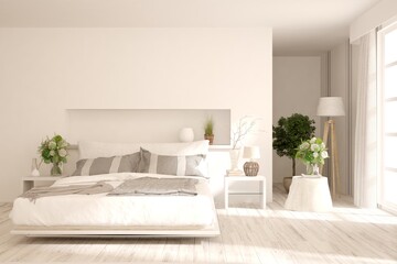 Soft color bedroom interior. Scandinavian design. 3D illustration