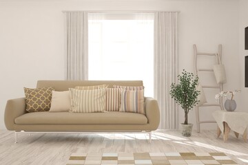 White living room with sofa and summer landscape in window. Scandinavian interior design. 3D illustration