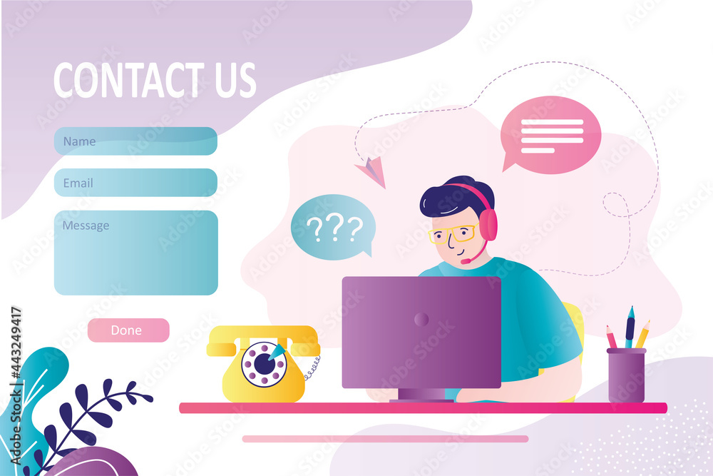 Aufkleber operator in headphones communicates with clients on various issues. contact us form template