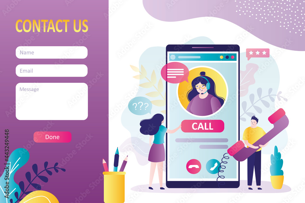 Poster clients call support service. customers communicate with operator on hotline. contact us form templa