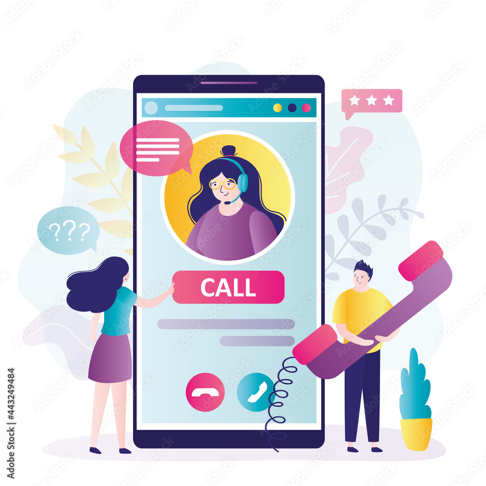 Poster clients communicate on various issues with operator. consultant in headphones on smartphone screen