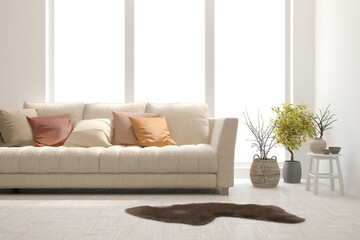 Fototapeta premium White living room with sofa. Scandinavian interior design. 3D illustration