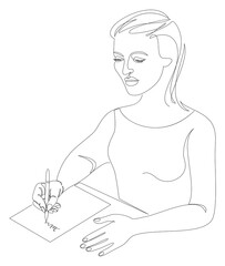 Silhouettes of a lady, she writes with a pen on paper in a modern one-line style. Solid line, aesthetic outline for home decor, posters, stickers, logo. Vector illustration.