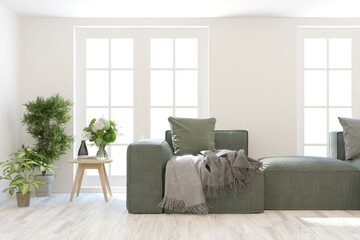 White living room with sofa. Scandinavian interior design. 3D illustration