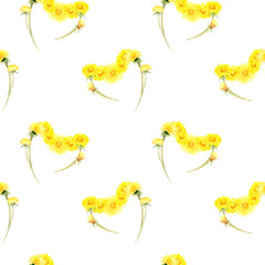 Watercolor floral seamless pattern of yellow dandelion flowers. Bouquet in the shape of a heart
