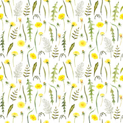 Obraz premium Watercolor floral seamless pattern of yellow dandelion flowers
