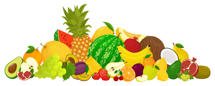 Collection of bright and fresh fruits in flat design. Banner of assorted fresh fruits, on a white background. Vector.