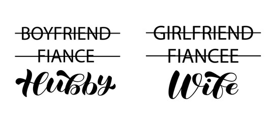 Fototapeta premium Hubby, Wife brush lettering. Couple shirt wedding design. Isolated vector stock illustration