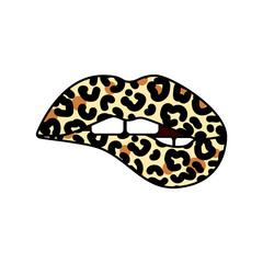 Bitting lips with leopard print. Cheetah design. Isolated vector illustration. Trendy sticker