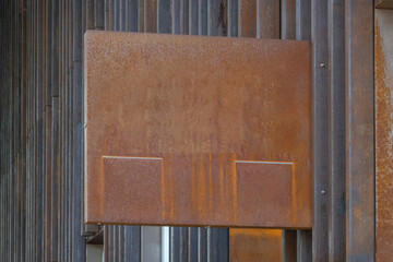 Modern grunge blank rust metal mockup template signboard. Mock up of store, shop, office, bar...