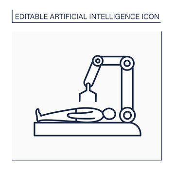 AI in medicine line icon. Digital technologies for surgery. Robot machine doing surgery.AI diagnostic concept. Isolated vector illustration. Editable stroke