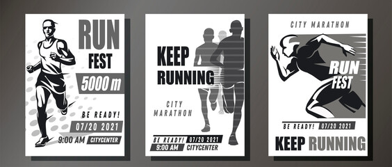 monochrome running symbols set, collection of sport and competition posters template