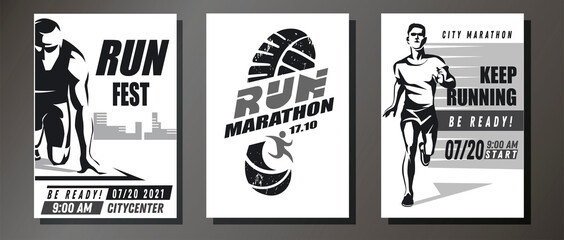 monochrome running symbols set, collection of sport and competition posters template - 443253667