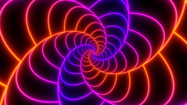 Glowing striped spiral. Abstract background in orange, red and purple vivid neon glow colors. Retro backdrop for event, party, carnival, celebration, anniversary or other. Seamless loop animation.