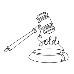 Judge gavel one line art icon. Auction sale Logo. Outline silhouette hammer. Contour illustration Isolated on white background. Vector linear pictogram sold.