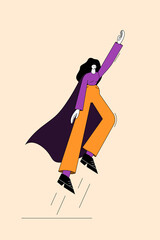 A female superhero takes off in a hyperbolized cartoon flat style. An ordinary strong free woman. The struggle for women s rights, equality, feminism. Vector concept.