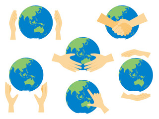 地球を包んだり覆う手のイラストセット 地球環境を守るイメージ