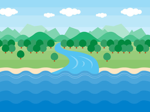 山から川が海に流れるまでの自然環境の背景イラスト きれいな環境のイメージ
