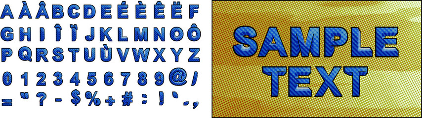 blue letters retro comic alphabet text uppercase with foreign language accents
