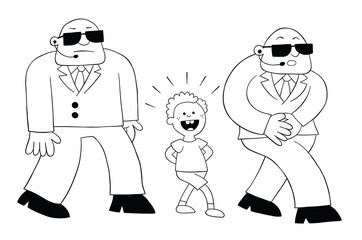 Cartoon little boy walking around with 2 scary guards, vector illustration