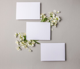 Mock up  with attached natural fresh jasmine  flowers on a gray background, copy space.